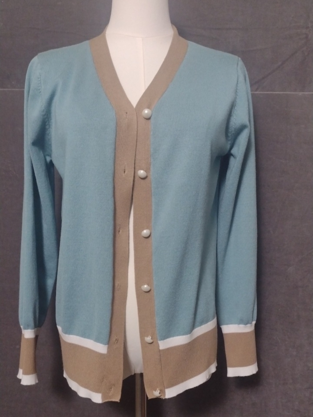 Grace Karin Large Teal Tan White Stripe Women's Sweater Cardigan